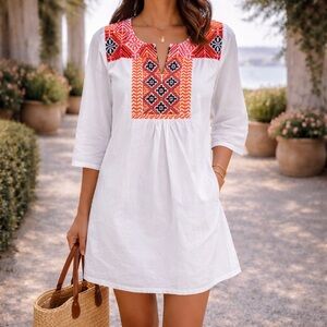Embroidered Cotton Tunic Dress Amalfi Coastal White Orange Size 6